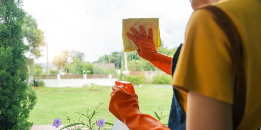 Young Asian housewife cleaning window glass with rags and detergent spray, cleaning house on the